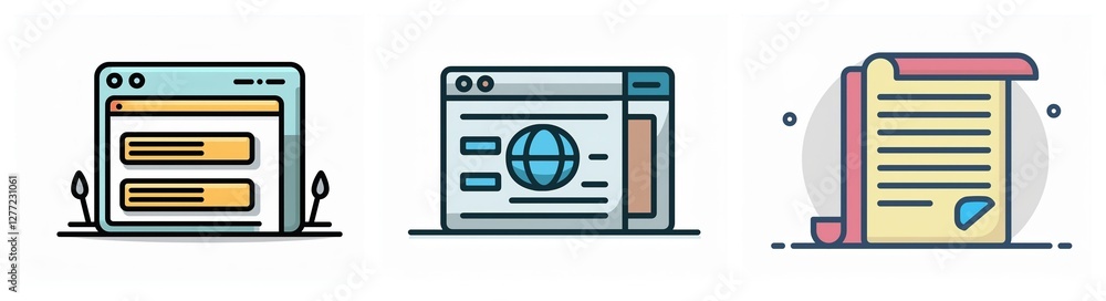 Three distinct icons depict digital concepts: a browser window with content lines, another browser with a globe, and a sealed document or scroll. Three distinct icons depict digital concepts: a browser window with content lines, another browser with a globe, and a sealed document or scroll.