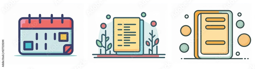 Three flat icons depict a calendar, a document sheet, and a closed book, all outlined in black and filled with pastel colors on a white backdrop. Three flat icons depict a calendar, a document sheet, and a closed book, all outlined in black and filled with pastel colors on a white backdrop.