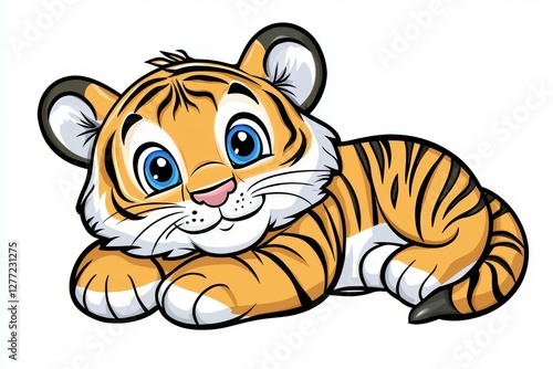 Cartoon tiger is laying down with its eyes closed photo