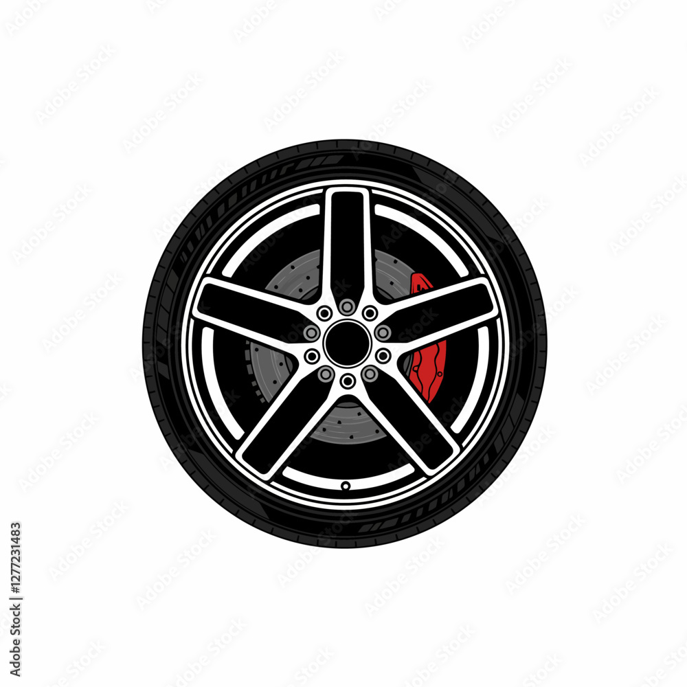 Fototapeta premium Car Wheel with Five-spoke Rim and Red Caliper Illustration on White