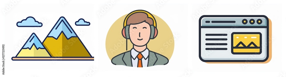 Three icons depict nature scenery with mountains, a person with headphones, and a browser window, showcasing diverse digital and real-world elements.