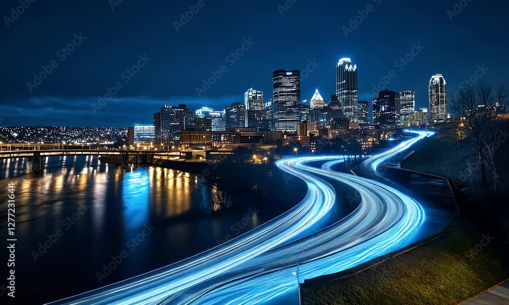 Nighttime cityscape with illuminated skyline and flowing traffic along a riverbank Nighttime cityscape with illuminated skyline and flowing traffic along a riverbank