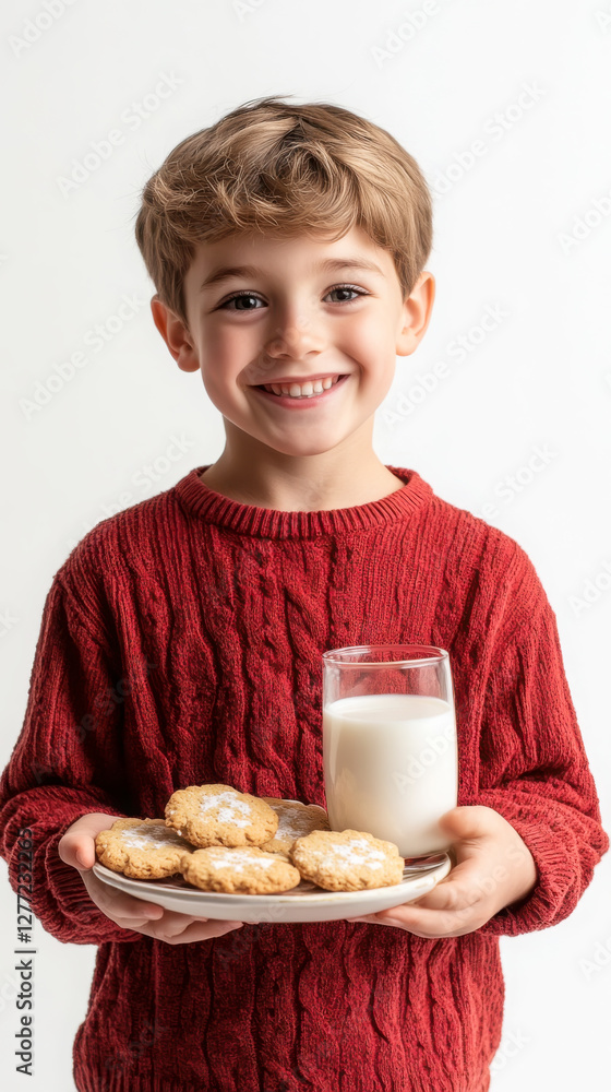 Young boy in red sweater holding cookies and milk with happy smile Young boy in red sweater holding cookies and milk with happy smile