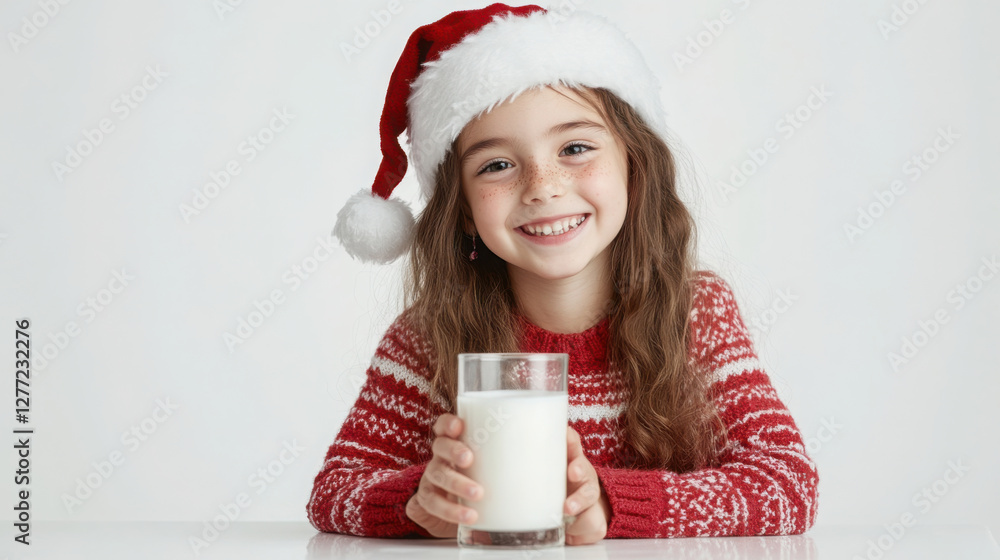 Joyful young girl in christmas sweater and santa hat holding a glass of milk indoors Joyful young girl in christmas sweater and santa hat holding a glass of milk indoors