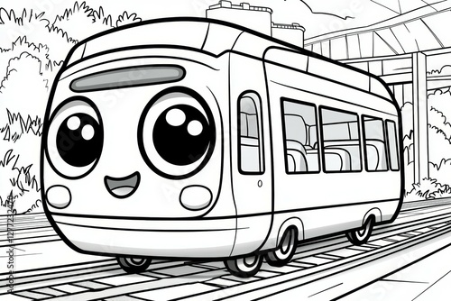 Cartoon train with a smiling face is on a track