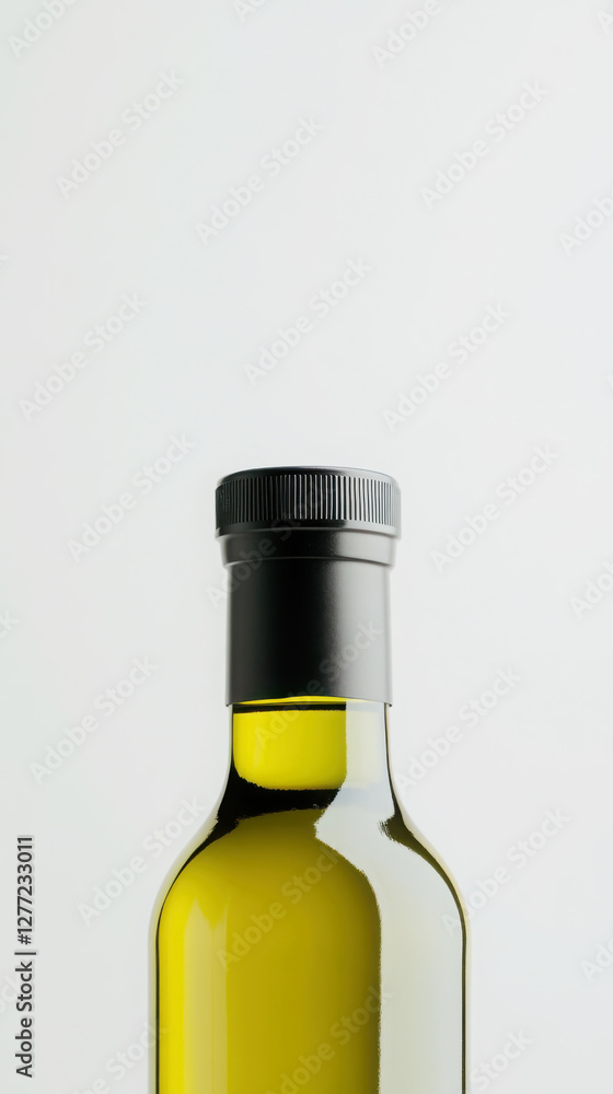 Vertical close-up of a glass bottle filled with extra virgin olive oil Vertical close-up of a glass bottle filled with extra virgin olive oil
