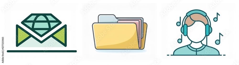Three icons depict email with diamond, file folder, and person listening to music with headphones. Vector illustrations for digital interfaces. Three icons depict email with diamond, file folder, and person listening to music with headphones. Vector illustrations for digital interfaces.