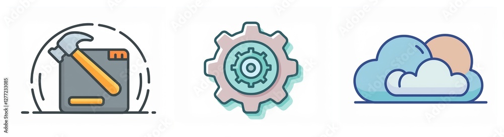 Three icons display tools and weather. A hammer fixes a box, a gear represents settings, and clouds with a sun depict weather conditions. Three icons display tools and weather. A hammer fixes a box, a gear represents settings, and clouds with a sun depict weather conditions.
