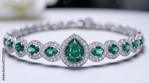 Elegant emerald pear-shaped bracelet on white background with flowers photo