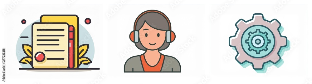 Three icons display document stack with seal, person with headphones, and gear. These symbolize paperwork, customer service, and settings. Three icons display document stack with seal, person with headphones, and gear. These symbolize paperwork, customer service, and settings.