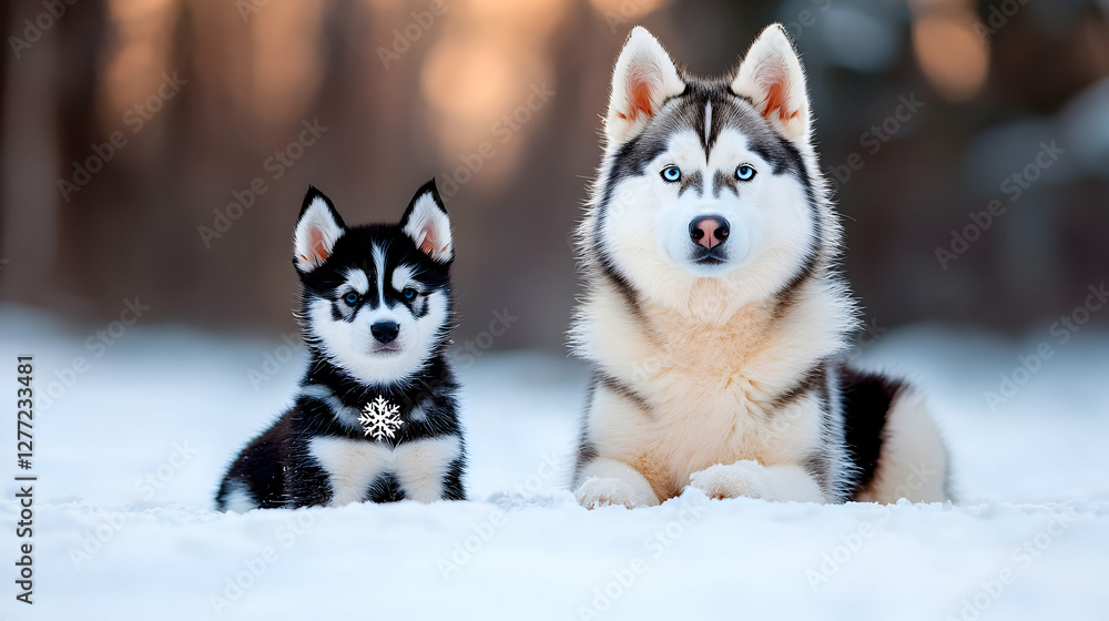 Fluffy Husky Puppy and Adult Dog in Snowy Winter Forest Fluffy Husky Puppy and Adult Dog in Snowy Winter Forest