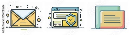 Free Download Digital communication and secure data management icons: mail envelope, protected browser window, and document folder. - GFXLoad