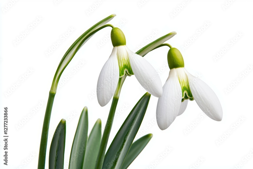 Two white flowers with green leaves Two white flowers with green leaves