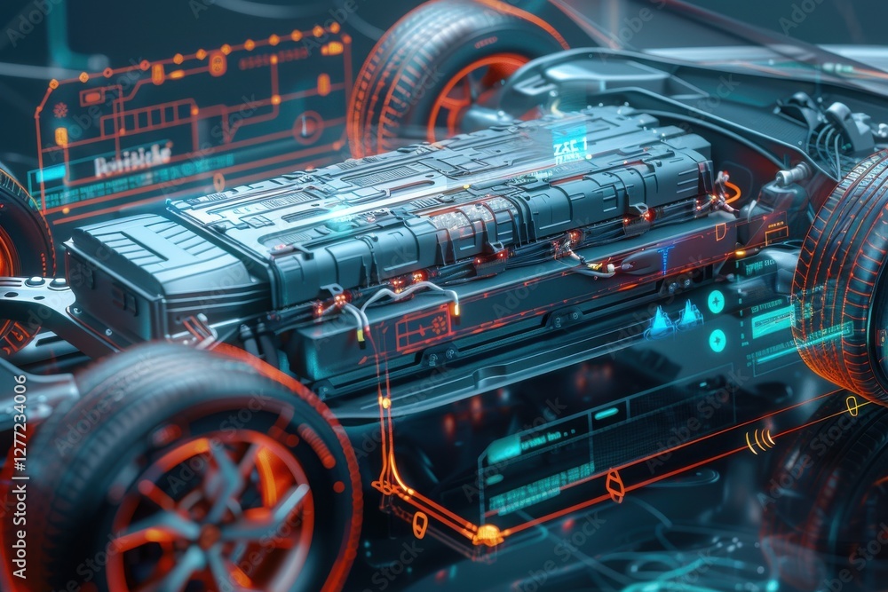 Fototapeta premium Electric car battery detail shows solid-state technology with overlaid holographic performance metrics, set in a futuristic design.