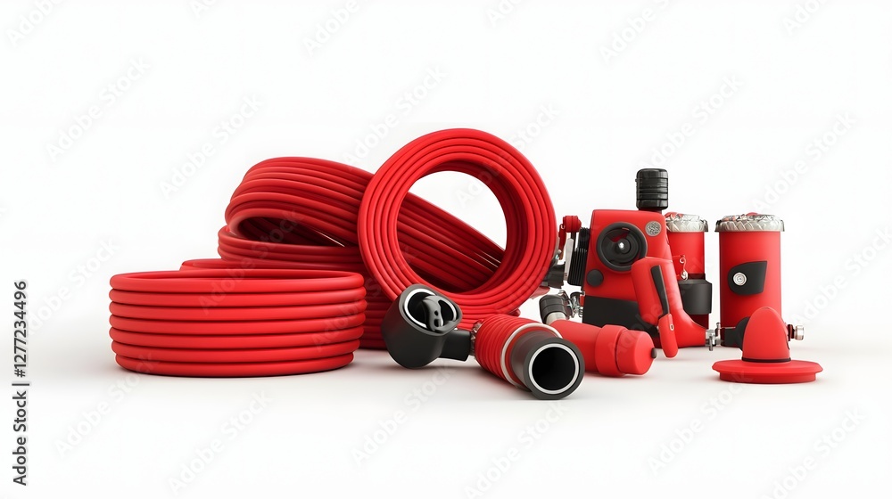 Naklejka premium Minimalist 3D Render of a Red Fire Hose and Nozzle Equipment on a Clean White Background Fire Safety and Emergency Response Concept