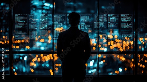 Data analyst oversees financial charts in futuristic night city scene