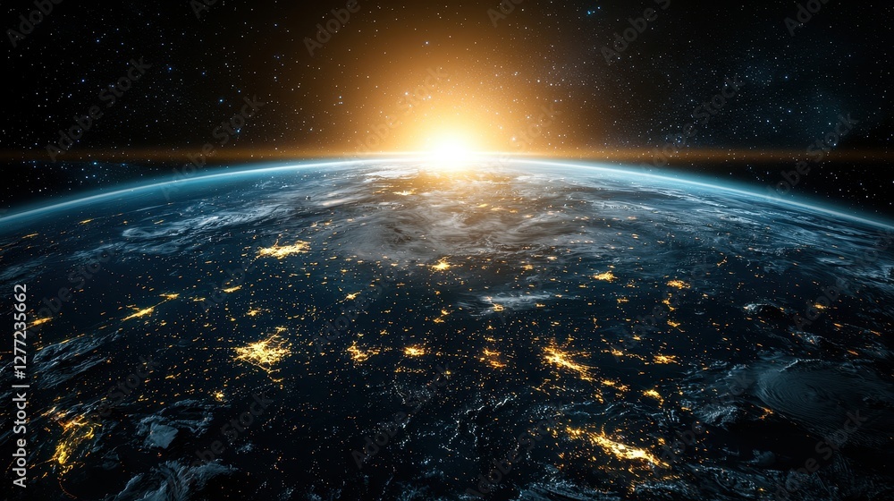 Obraz premium A Stunning Virtual Representation of Earth Illuminated by a Glowing Sunrise from Space with an Eco-Conscious Perspective