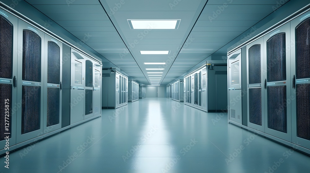 photo of a cooling system used in modern data centers to prevent overheating of servers and other critical computer equipment The image showcases a minimalist clean photo of a cooling system used in modern data centers to prevent overheating of servers and other critical computer equipment The image showcases a minimalist clean