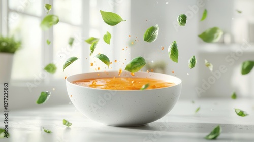 Falling basil leaves in bowl of soup, kitchen scene photo