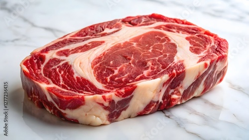 Raw Ribeye Steak on Marble Surface photo