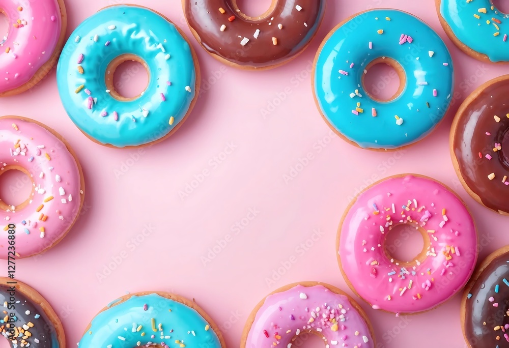 Fototapeta premium Colorful donuts with pink and blue icing arranged on a pastel pink background, topped with sprinkles, creating a vibrant and cheerful design.