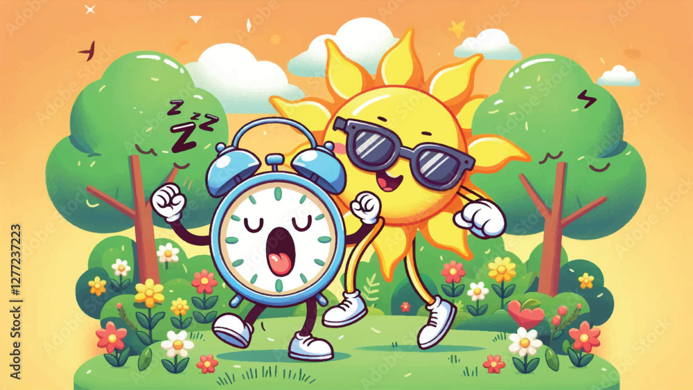Obraz premium Sleepy Alarm Clock, A sleepy alarm clock character yawning as its hands is moved forward by a cheerful sun wearing sunglasses, with a springtime garden in the background 