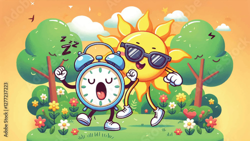 Sleepy Alarm Clock, A sleepy alarm clock character yawning as its hands is moved forward by a cheerful sun wearing sunglasses, with a springtime garden in the background 