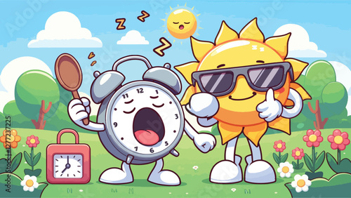 Sleepy Alarm Clock, A sleepy alarm clock character yawning as its hands is moved forward by a cheerful sun wearing sunglasses, with a springtime garden in the background 