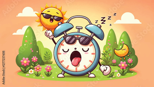 Sleepy Alarm Clock, A sleepy alarm clock character yawning as its hands is moved forward by a cheerful sun wearing sunglasses, with a springtime garden in the background 