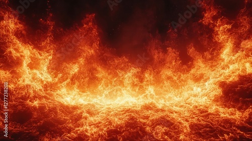 Fiery flames blaze across a dark backdrop