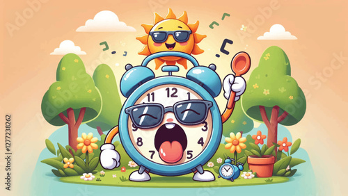 Sleepy Alarm Clock, A sleepy alarm clock character yawning as its hands is moved forward by a cheerful sun wearing sunglasses, with a springtime garden in the background 