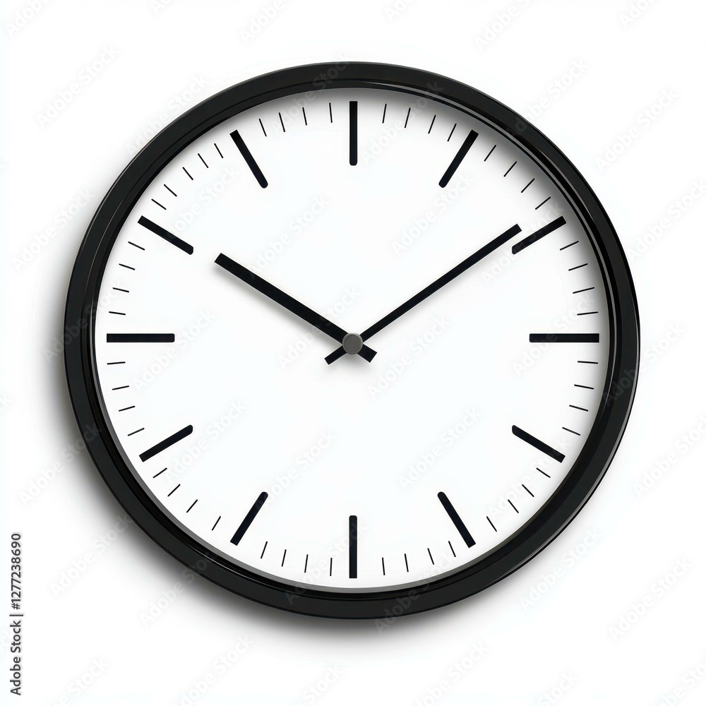 A sleek analog clock stands alone against a white backdrop, showcasing its timeless design and purpose with elegance. A sleek analog clock stands alone against a white backdrop, showcasing its timeless design and purpose with elegance.