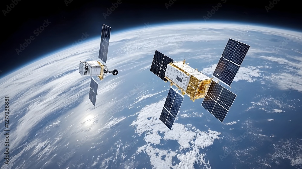 Fototapeta premium Satellite technology and cloud computing concept with digital network infrastructure wireless communication and global connectivity for modern technology and scientific advancement