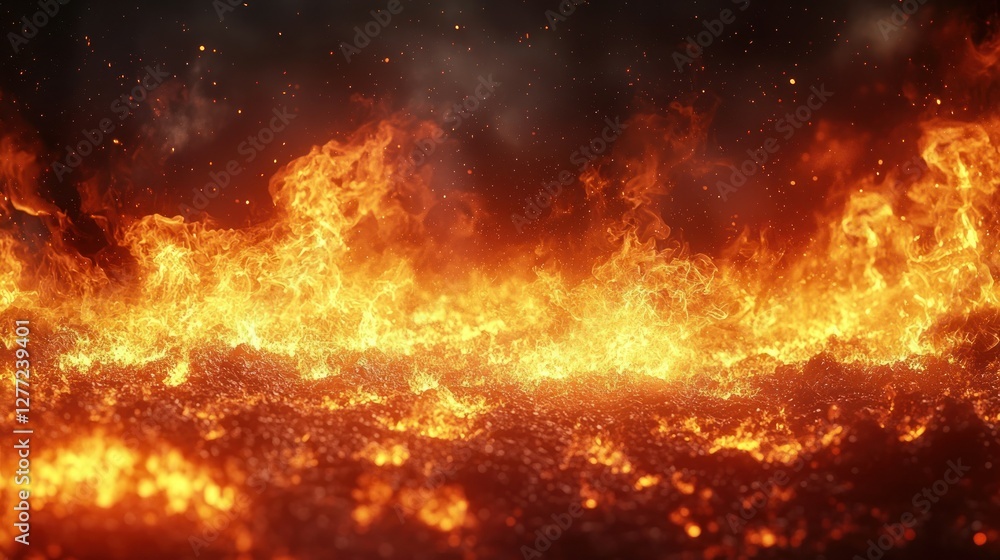 Fototapeta premium Fiery inferno, raging flames, night background, dramatic destruction