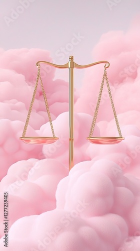 Financial return expansion growth investment. A golden balance scale stands amidst fluffy pink clouds, symbolizing fairness and harmony in a dreamy, whimsical setting.