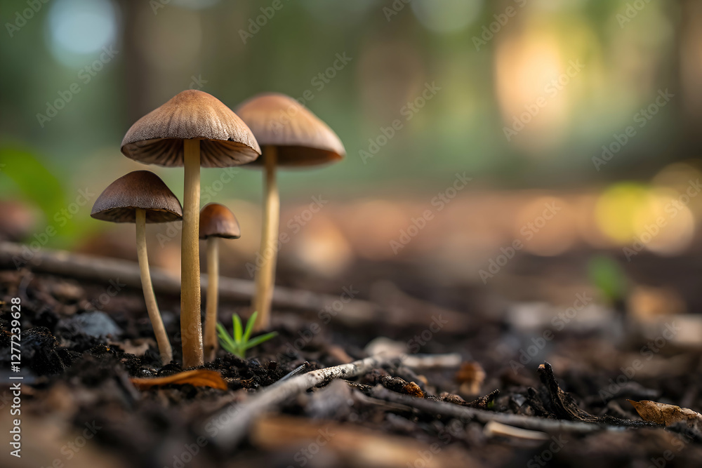 Mashroom Wild Habitat Macro Image in Dense Woodland Mashroom Wild Habitat Macro Image in Dense Woodland