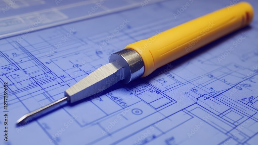 A flathead screwdriver with a yellow handle resting on a blueprint. A flathead screwdriver with a yellow handle resting on a blueprint.