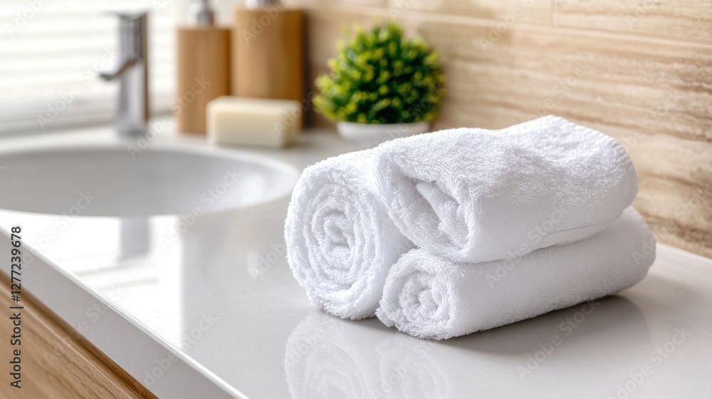 A fluffy white towel rolled up and placed on a clean bathroom counter. A fluffy white towel rolled up and placed on a clean bathroom counter.