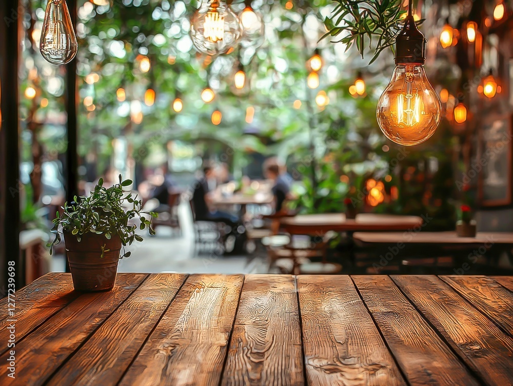 Wooden Table with Bar Background and Bokeh Restaurant Lights Wooden Table with Bar Background and Bokeh Restaurant Lights