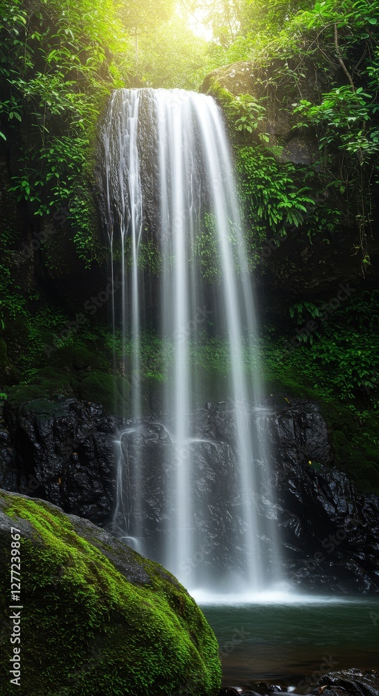Obraz premium Serene Waterfall in Lush Tropical Rainforest
