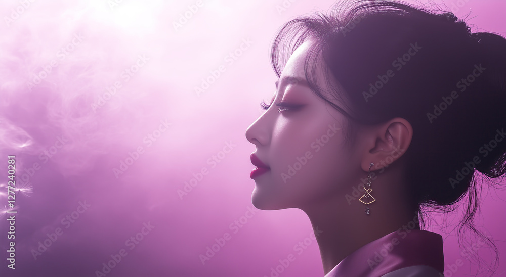 Empowered professional woman in silk-sashed white blazer, dramatic chiaroscuro lighting, lavender gradient. International Women's Day portrait symbolizing feminine strength, ambition Empowered professional woman in silk-sashed white blazer, dramatic chiaroscuro lighting, lavender gradient. International Women's Day portrait symbolizing feminine strength, ambition