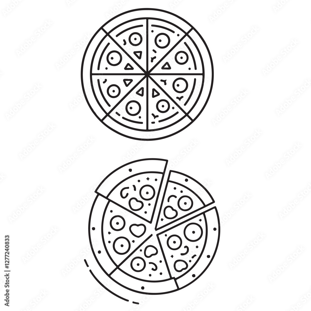 Delicious Pizza Line Art Illustrations Whole and Sliced Delicious Pizza Line Art Illustrations Whole and Sliced