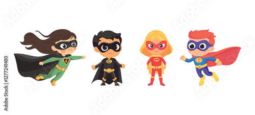 Superhero Kids Cartoon Vector Illustration. Cute Superhero Children Flying And Standing In Colorful Costumes. Superhero Characters With Capes, Masks, Powers
