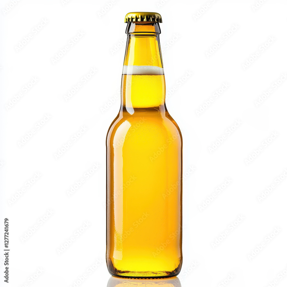 A sleek beer bottle sits alone, showcasing its appealing curves and frothy brew, inviting a refreshing sip. A sleek beer bottle sits alone, showcasing its appealing curves and frothy brew, inviting a refreshing sip.