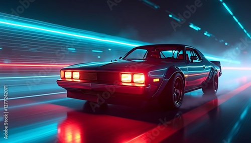 Retro Muscle Car in Neon City Nightscape