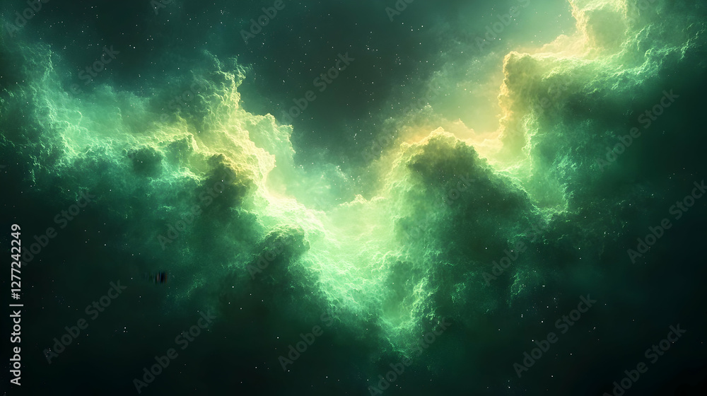 Obraz premium Green and Yellow Nebula Cloud with Stars in Deep Space Background Wallpaper