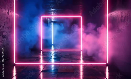 Neon tunnel,  pink and blue,  smoky,  empty room
