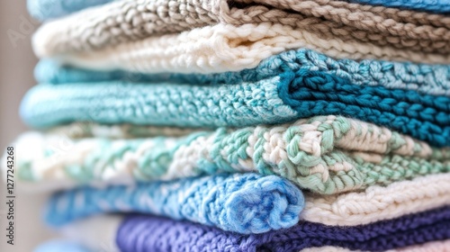 A stack of neatly organized dishcloths with different textures.