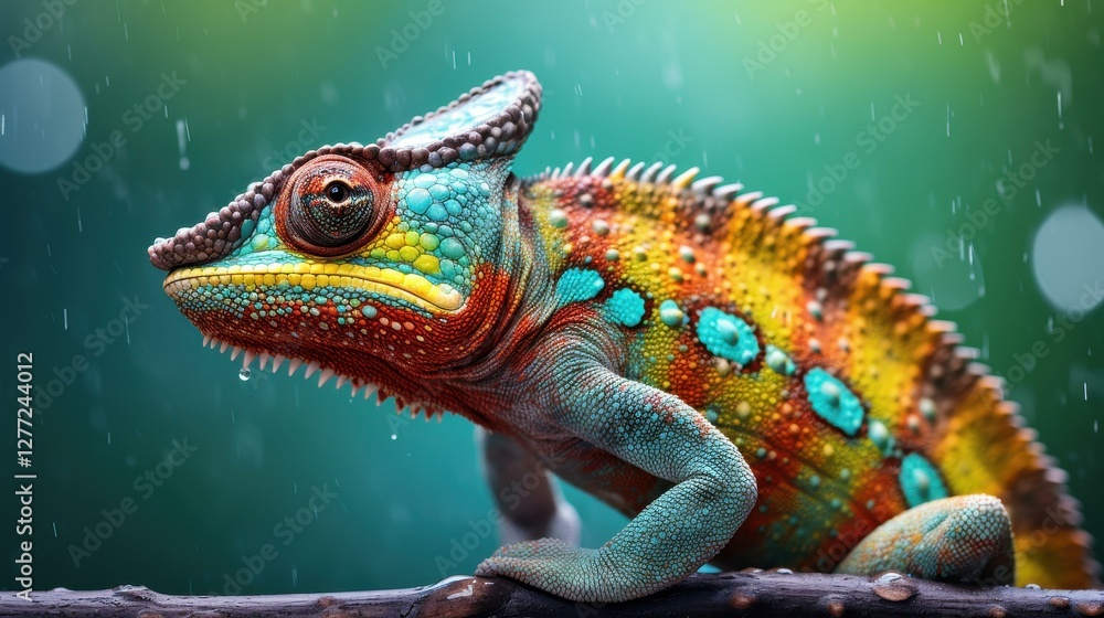Fototapeta premium Stunning chameleon head captured in detail, showcasing vibrant colors against a softly blurred backdrop.