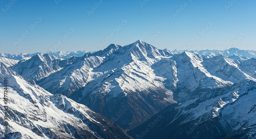 Fototapeta premium Majestic mountain range with snow-capped peaks and clear blue sky
